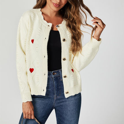 Heart Embroidered Knitted Cardigan In Cream
