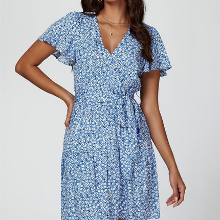 Floral Print Hem Tiered Wrap Mini Dress In Blue