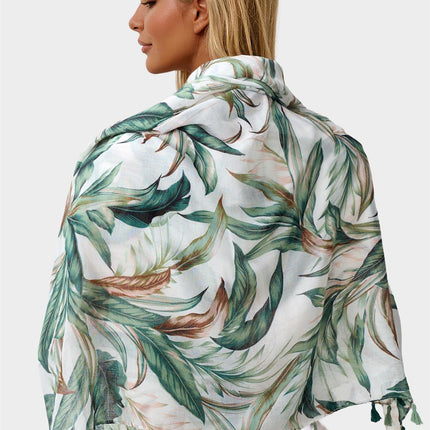 Green Leaf Print Tassel Scarf In White