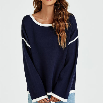 White Striped Oversized Jumper Top In Navy