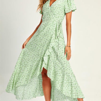 Summer Floral Print Hem Wrap Midi Dress In Mint Green