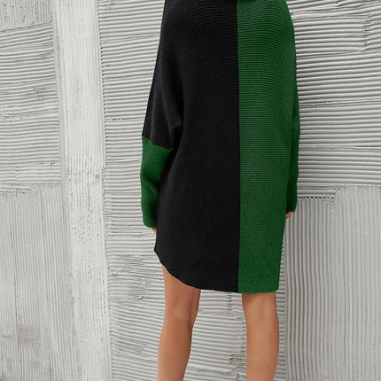 High Neck Half Forest Green & Black Block Colour Jumper Top