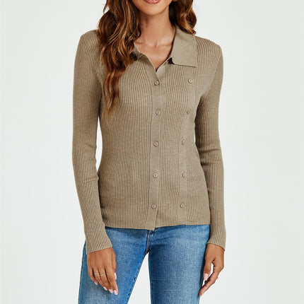 Morgan Collar Double Breasted Knit Top In Beige