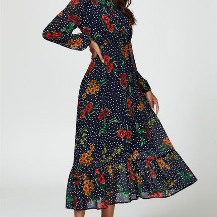 Floral Dot Print Maxi Dress In Navy