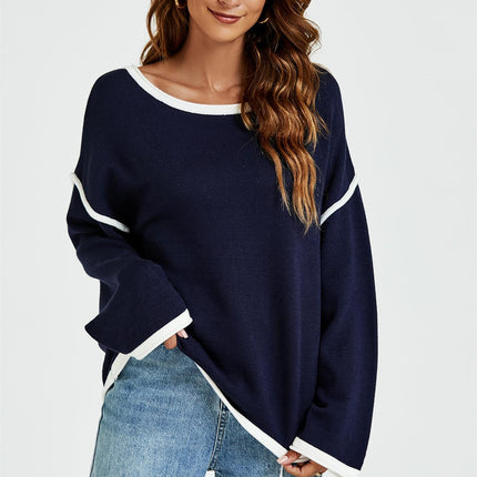 White Striped Oversized Jumper Top In Navy