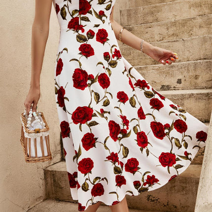 Red Roses Print Heart Neck Midi Dress In Off White