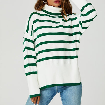 Stripes Pattern Turtleneck Jumper Top In Green