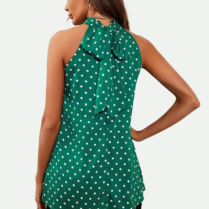 Polka Dot Print Halter Neck Tie Back Top In Green