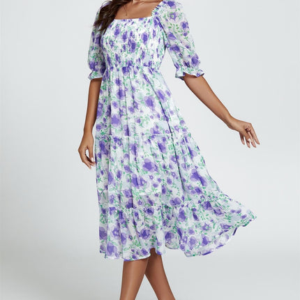 Floral Print Bardot Puff Sleeve Elasticated Detail Midi Dress In White