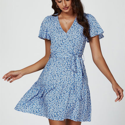 Floral Print Hem Tiered Wrap Mini Dress In Blue