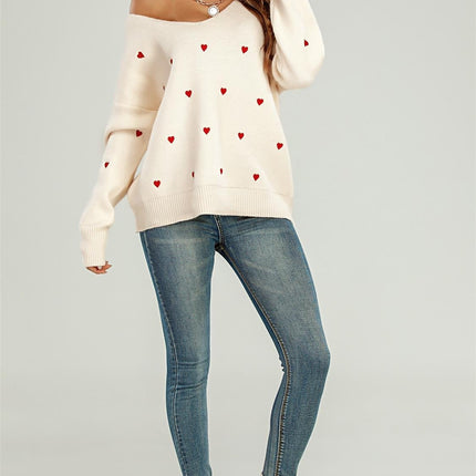 Embroidery Red Heart V Neck Jumper In Cream