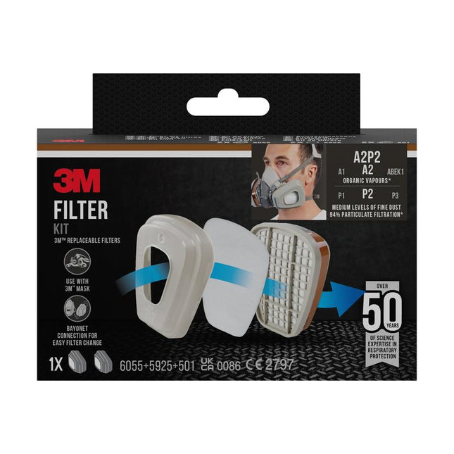 Auslaufartikel: 3M™ Filtersatz 6002-1, A2P2 organische Dämpfe (2x6055, 2x5925, 2x501) | Packung (1 Stück)