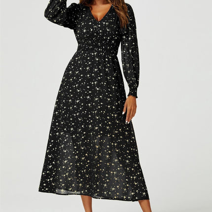 Gold Star Foil Long Sleeve Maxi Dress In Black