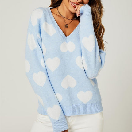 Relaxed Comfy White V Neck Heart Pattern Jumper Top In Baby Blue