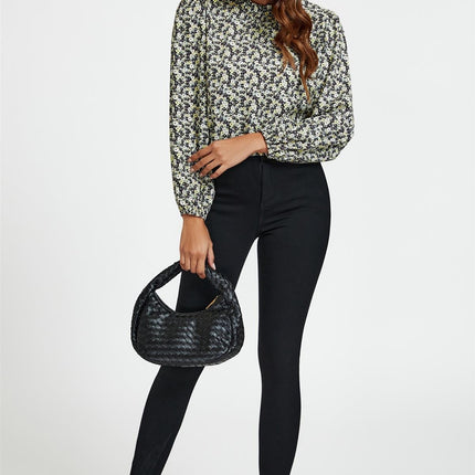 Multi Floral Print Frill Detail High Neck Top In Yellow