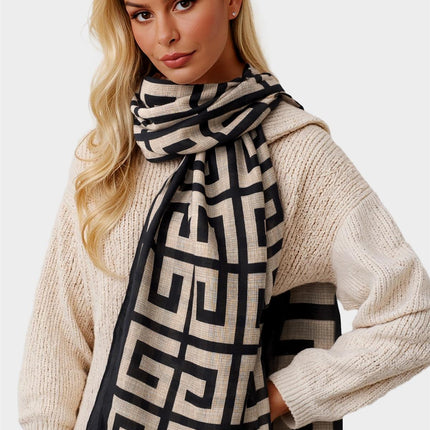 Geo Print Scarf In Beige & Black