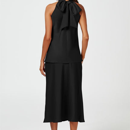 Satin Halter Neck Tie Back Top In Black