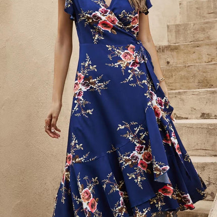 Frill Shoulder Sleeve Floral Midi Wrap Dress In Navy