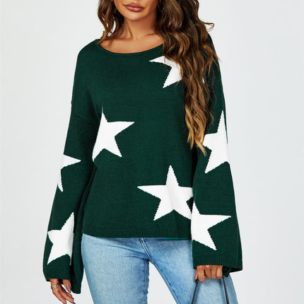 Wide Sleeve Oversize Dark Green Jumper With White Star