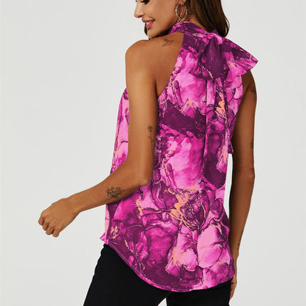 Marble Print Halter Neck Tie Back Top In Fuchsia Pink