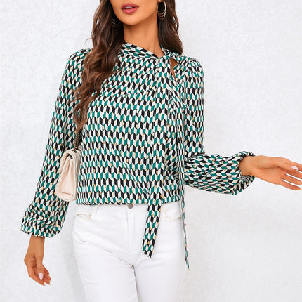 Geo Print Side Tie Blouse Top In Green