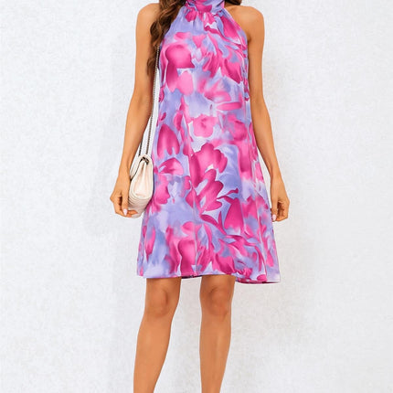Abstract Floral Print Halter Neck Tie Back Mini Dress In Pink