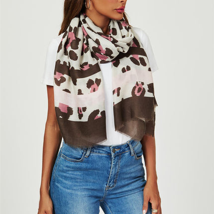 Leopard & Strip Print Fringed edges Scarf In Pink & Black
