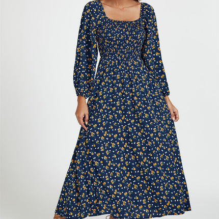 Floral Print Square Neck Maxi Dress In Dark Blue