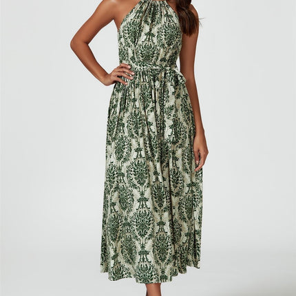Green & Beige Floral Print Tie Halterneck Maxi Dress