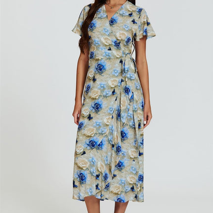 Floral Print Wrap Hem Midi Dress In Beige
