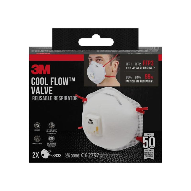 3M™ Cool Flow™ Partikelmaske 8833, FFP3, mit Ventil, 2er-Packung | Packung (1 Stück)