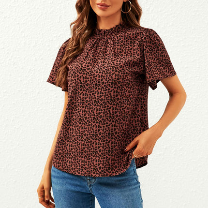 Leopard Print Angel Sleeve High Neck Top/Blouse In Rusty