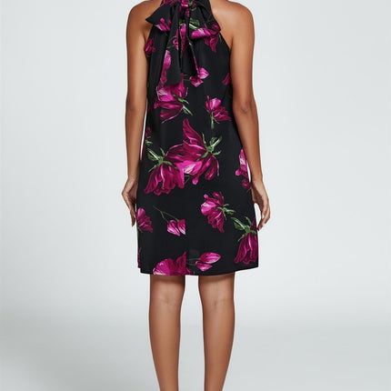 Floral Print Halter Neck Tie Back Mini Dress In Black
