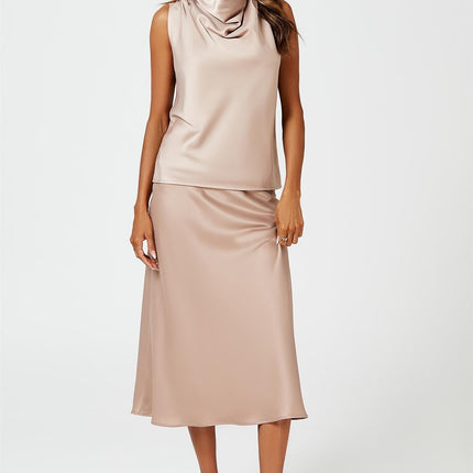 Satin High Neck Sleeveless Blouse In Light Brown