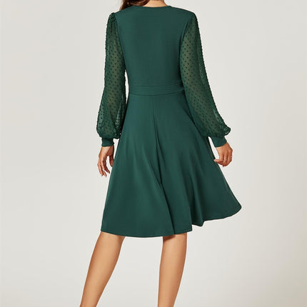 Long Chiffon Sleeve Pleated Midi Dress In Dark Green