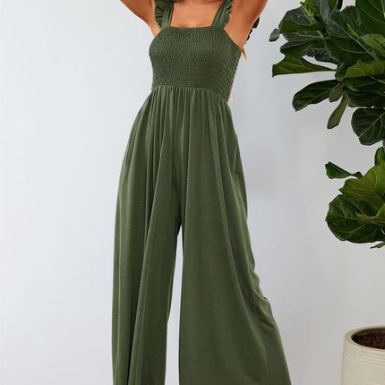 Frill Detail Strappy Jumpsuit In Olive
