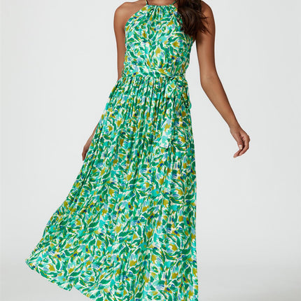 Abstract Print Tie Halterneck Maxi Dress In Green