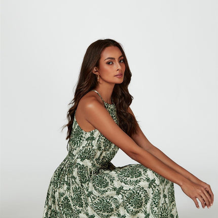 Green & Beige Floral Print Tie Halterneck Maxi Dress