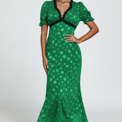 Polka Dot Jacquard Lace Trim Midi Dress In Green