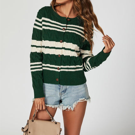Stripe Pattern Knitted Cardigan In Green