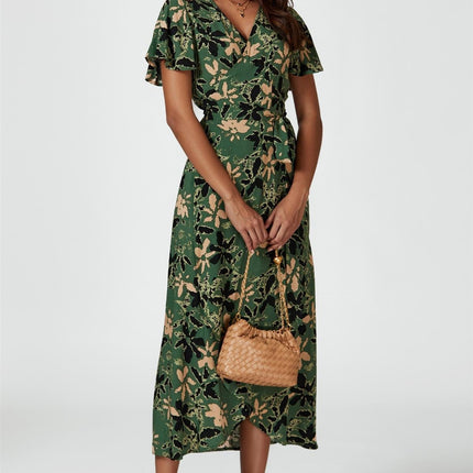 Abstract Floral Wrap Maxi Dress In Olive