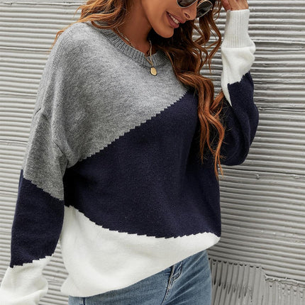 Navy & White Block Colour Jumper Top In Grey