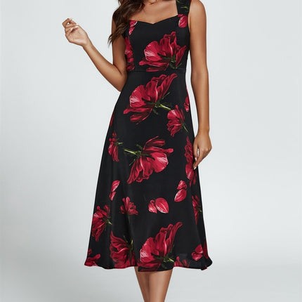 Floral Print Heart Neck Midi Dress In Black