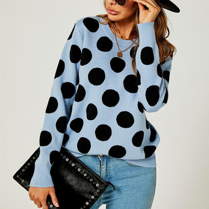 Comfy Knit Black Polka Dot Pattern Jumper Top In Blue