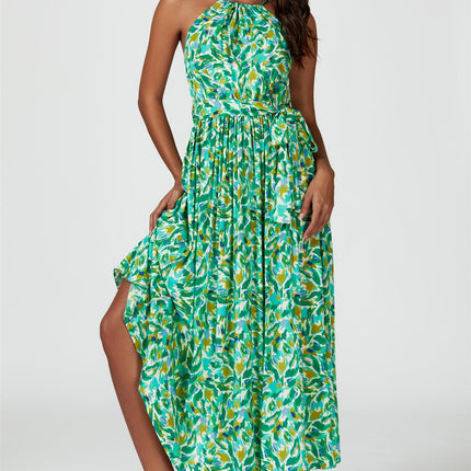 Abstract Print Tie Halterneck Maxi Dress In Green