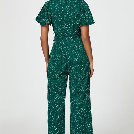 Dot Print Wrap Top Jumpsuit In Green