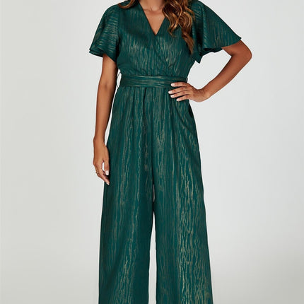 Gold Foil Print Wrap Top Jumpsuit In Green