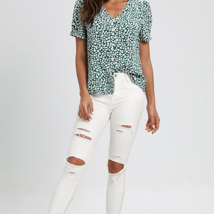 Short Sleeve Buttoned Blouse Top In Green & White Flora  Print