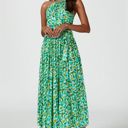 Abstract Print Tie Halterneck Maxi Dress In Green