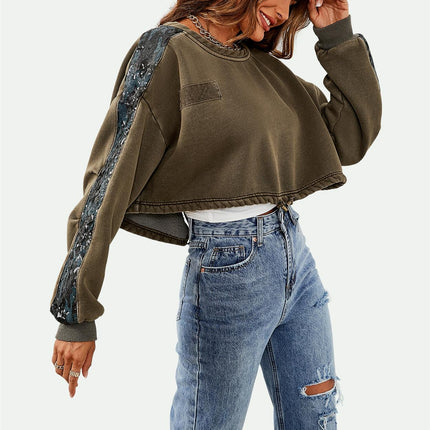 Oversized Sequin Detail Cropped Sweatshirt In Khaki